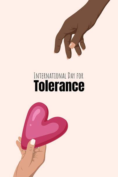 Międzynarodowy dzień dla karty tolerancji z dłońmi trzymającymi serce - Wektor, obraz