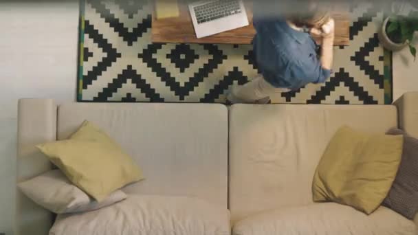 ひげを生やした若者がソファに座り、ノートパソコンで作業している姿を見ることができます。彼はプランナーにメモをとって横になって携帯電話でチャットしてる - 映像、動画
