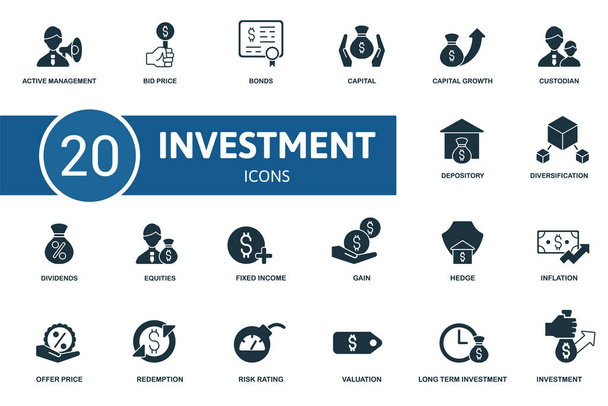 Befektetési ikon készlet. Szerkeszthető ikonok befektetési téma, mint például az ajánlati ár, tőke, letétkezelő és több. - Vektor, kép