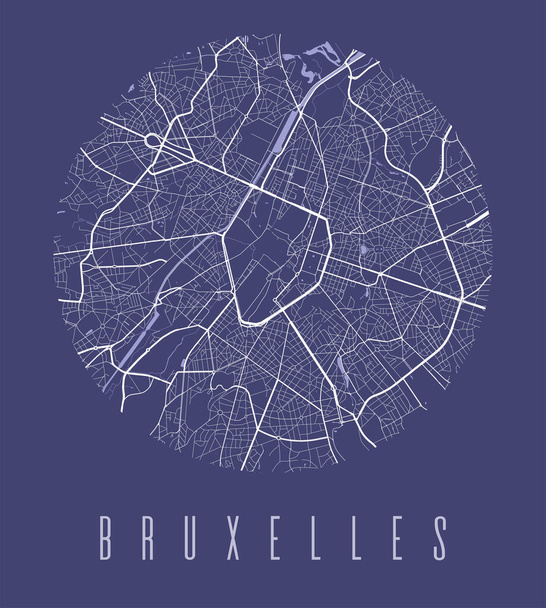 ブリュッセル地図ポスター。ブリュッセル市の装飾デザインストリートマップ。都市景観アリアパノラマシルエット空中ビュー、タイポグラフィスタイル。土地、川、高速道路、通り。円形ベクトル図. - ベクター画像