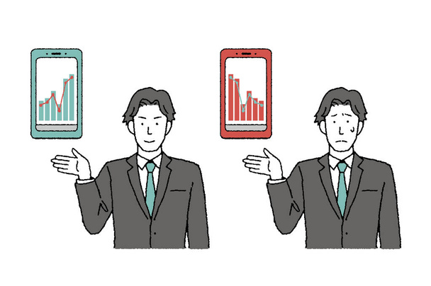 Clip-Art von Geschäftsmann zeigt Aktienkurs auf seinem Handy - Vektor, Bild