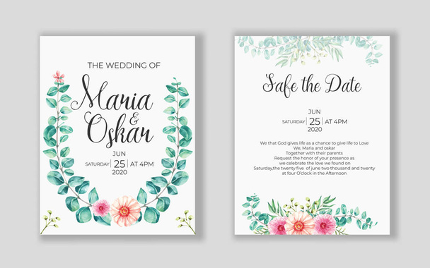 Svatební květinová pozvánka zlatá Uložit datum design s růžovými květy růže a zelené listy a rám - Vektor, obrázek