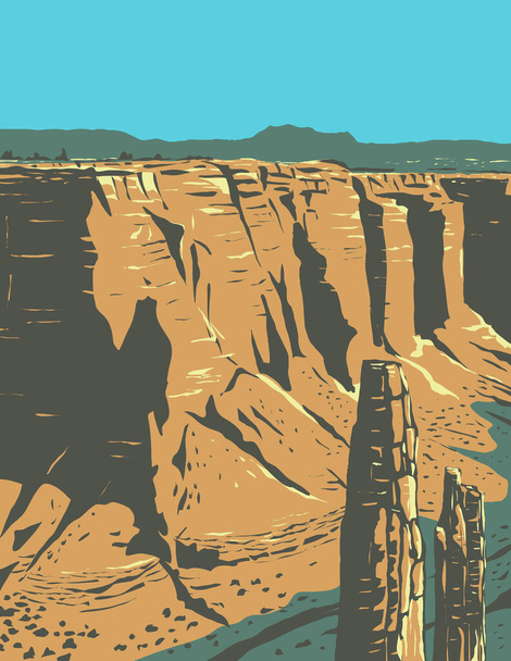 WPA poszter művészet a Spider Rock, homokkő torony Canyon de Chelly National Monument on Navajo törzsi földek Arizona Egyesült Államok a munka projekt adminisztráció vagy a Federal Art Project stílus. - Vektor, kép
