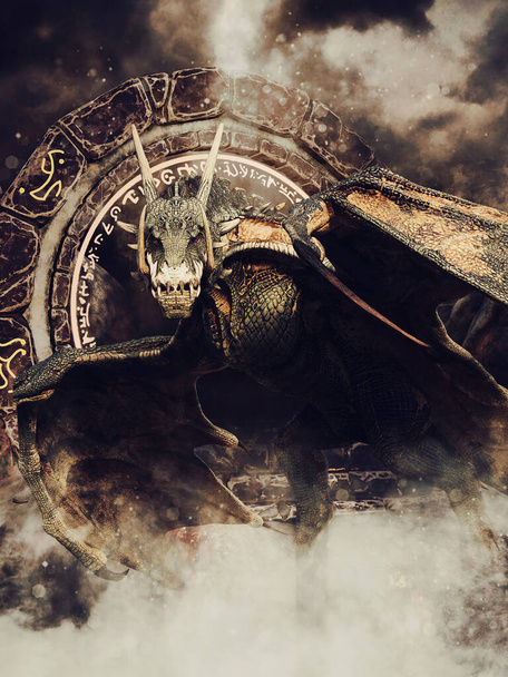 Mlhavá scéna s fantasy drakem stojící před kulatým portálem s magickými znameními. 3D vykreslení. - Fotografie, Obrázek