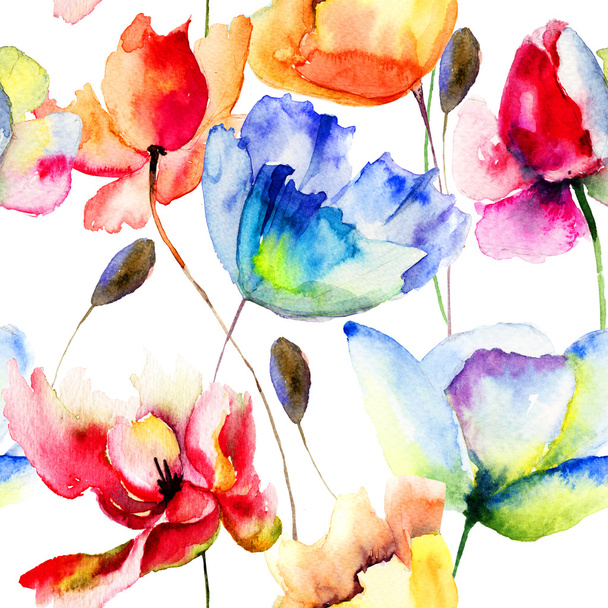 Seamless wallpaper with Poppy and Tulips flowers - Fotografie, Obrázek