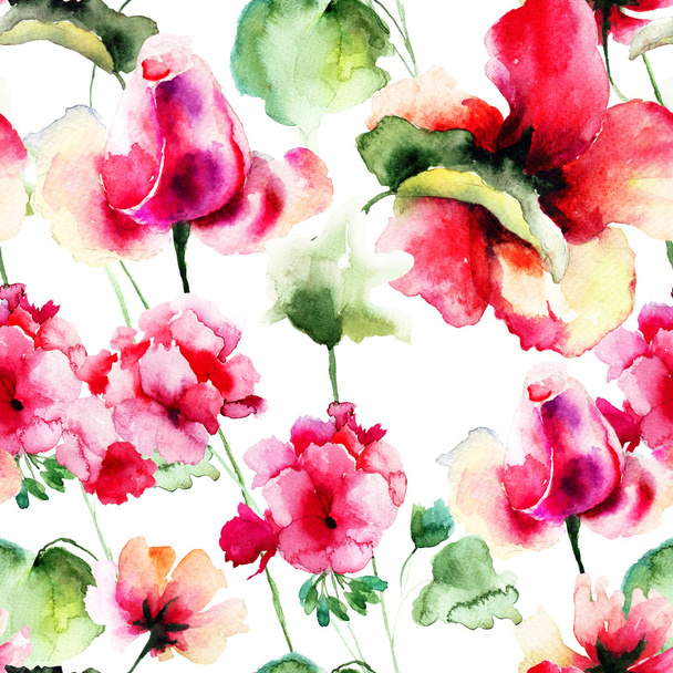 Seamless wallpaper with Geranium and Rose flowers - Zdjęcie, obraz