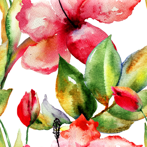 Seamless wallpaper with Lily and Tulips flowers - Zdjęcie, obraz