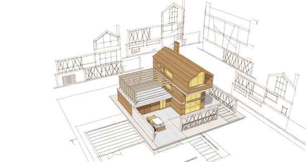 modernes Haus architektonisches Projekt Skizze 3D Illustration - Foto, Bild