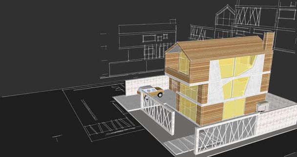σύγχρονο σπίτι αρχιτεκτονικό σχέδιο του έργου 3d εικονογράφηση - Φωτογραφία, εικόνα