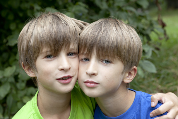 Deux frères jumeaux souriants portrait extérieur
 - Photo, image