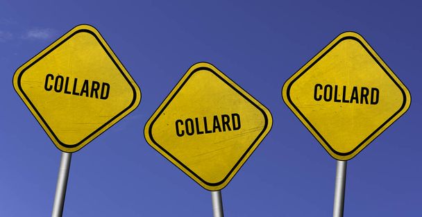 Collard greens - drei gelbe Schilder mit blauem Himmelhintergrund - Foto, Bild