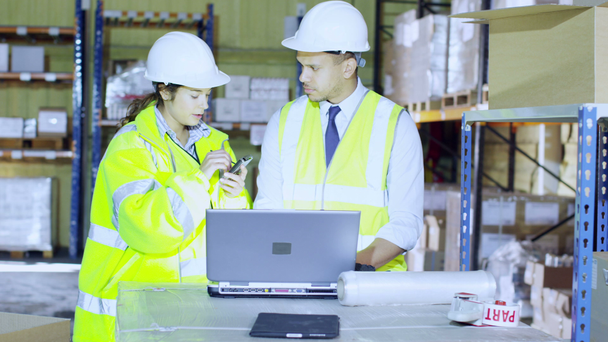 Two warehouse workers discuss logistics of company - Felvétel, videó