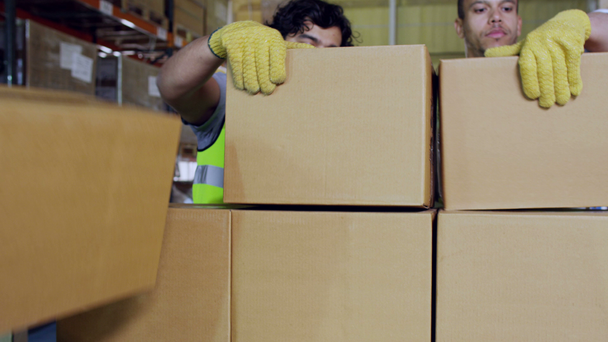 τους εργαζόμενους που λαμβάνουν καφέ κουτιά από παλέτα - Πλάνα, βίντεο