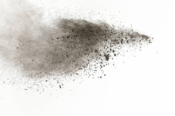particelle di carbone su fondo bianco, polvere astratta schizzata su fondo bianco, movimento di congelamento di polvere nera che esplode o che getta polvere nera. - Foto, immagini