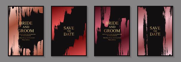 Set of modern grunge luxury wedding invitation design or card templates for business or presentation or greeting with golden text and pink or red paint brush strokes on a black background. - Vector, Image