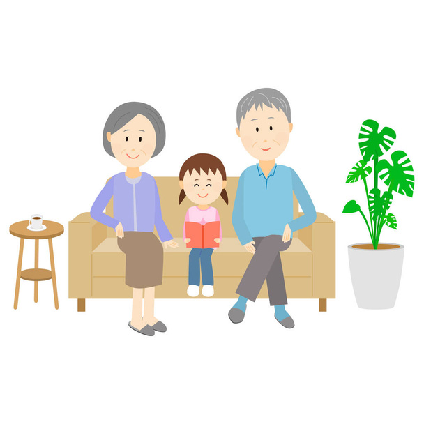 Babička, děda a děti sedí na gauči. - Vektor, obrázek