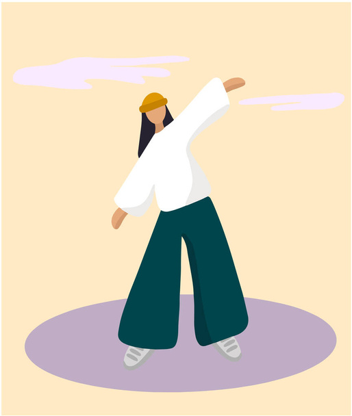 Dziewczyna w sportowej odzieży i kapeluszu, ćwicząca jogę lub rozgrzewkę. Chmury tła. Ilustracja wektora - Wektor, obraz