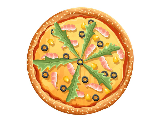 Ízletes pizza garnélarák olajbogyó saláta és sajt olasz gyorsétel vektor illusztráció elszigetelt fehér alapon - Vektor, kép