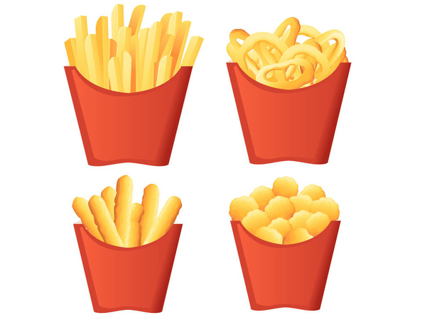 Set of fried food in red cardboard boxes french fries onion and cheese bread sticks vector illustration on white background - Vector, Image