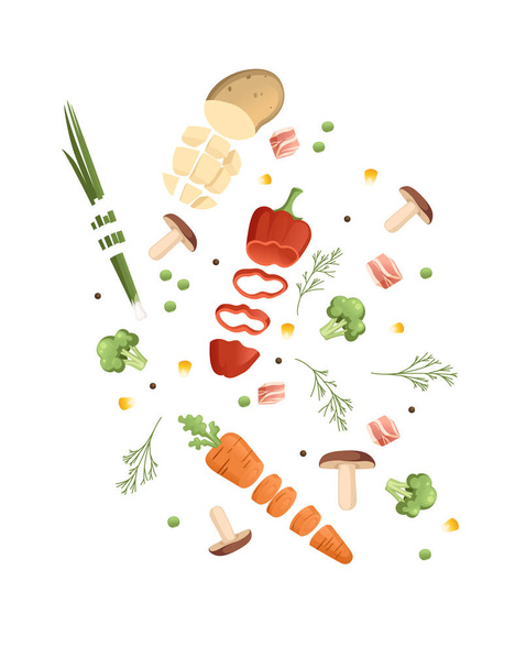 Κομμένα λαχανικά με πιπεριά πατάτα και καρότο χρωματιστά εικονίδια τροφίμων για το μαγείρεμα διανυσματική απεικόνιση απομονώνονται σε λευκό φόντο - Διάνυσμα, εικόνα