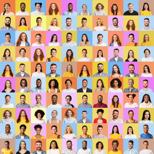 Mozaïek van vele vrolijke mensen gezichten in vierkante Collage - Foto, afbeelding