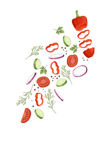 Verduras en rodajas con pepino de tomate y hierbas coloreadas iconos de alimentos para la ilustración vectorial de cocina aislado sobre fondo blanco - Vector, Imagen
