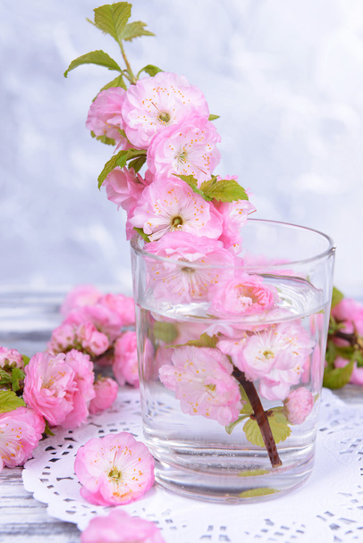 Beautiful fruit blossom in glass on table on grey background - Zdjęcie, obraz