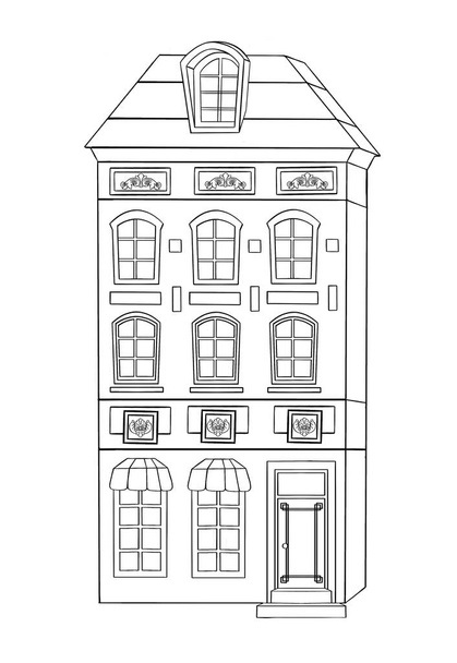 Una casa residencial de dos pisos con pared de ladrillo y azulejo rojo. La entrada a la casa está decorada con columnas clásicas. ilustración de alta calidad - Foto, imagen