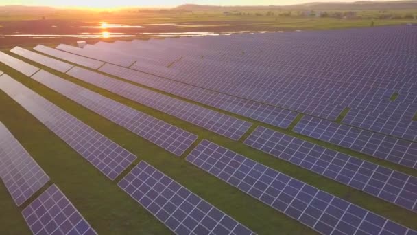 Zöld mezők légi rálátása a megújuló villamosenergia-termelésre szolgáló napenergia-panelekkel. - Felvétel, videó