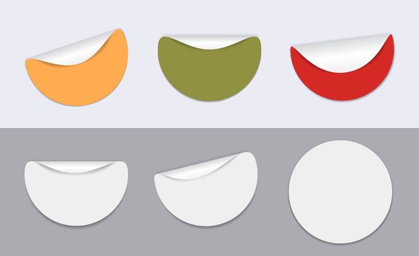 Conjunto de pegatinas redondas blancas y coloridas con esquina doblada sobre fondo gris - Vector, Imagen
