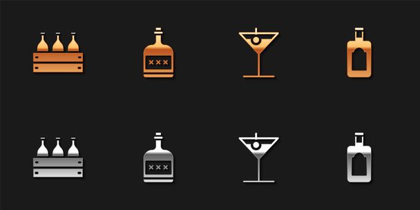 Set Garrafas de vinho em uma caixa de madeira, bebida alcoólica Garrafa de rum, copo Martini e ícone de uísque. Vetor. - Vetor, Imagem
