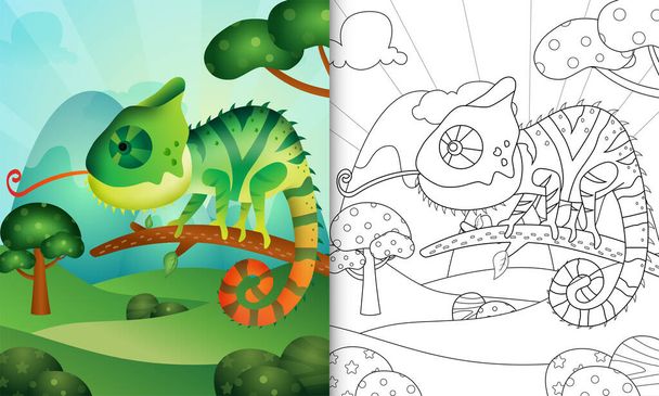 omalovánky pro děti s roztomilým chameleon charakter ilustrace - Vektor, obrázek