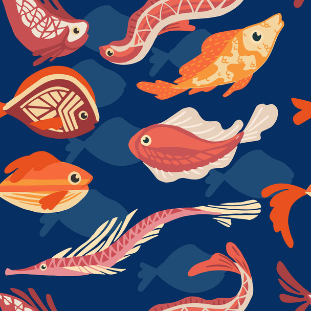 Seamless pattern of sea exotic fishes flat vector illustration on white background - Vector, Image