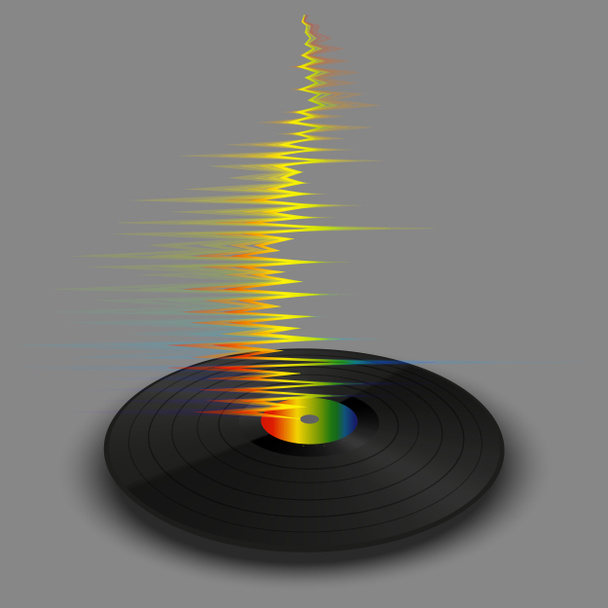 Αφίσα του δίσκου βινυλίου player με κύμα ουράνιο τόξο. Trendy πολύχρωμη γραμμή στυλ μουσικής σε γκρι φόντο. Μοντέρνο banner με βινύλιο. Εικονογράφηση Jpeg - Φωτογραφία, εικόνα
