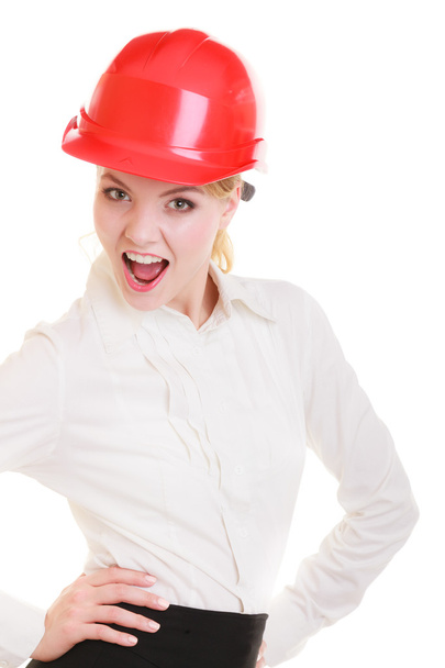 Female engineer woman architect in red safety helmet isolated - Fotografie, Obrázek