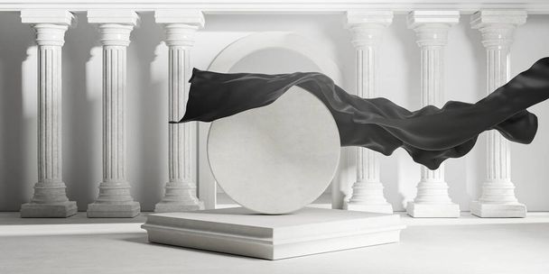 Dévoilez la couverture en tissu noir des colonnes classiques rondes en pierre. Modèle de maquette vide de l'espace rendu 3D - Photo, image