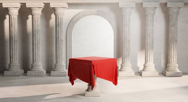 Rood tafelkleed Helder glanzende deur Klassieke zuil pilaren Colonade 3D Rendering - Foto, afbeelding