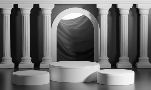 3つの表彰台明るい輝く黒のドアクラシック列柱コロネード3Dレンダリング - 写真・画像