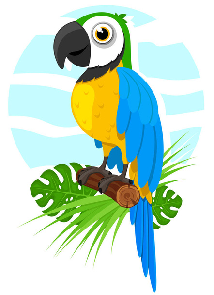 Parrot sits on a branch with monstera leaves on a white background. - Vector, Image