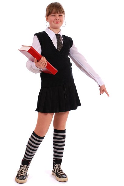 Girl holds the red book on white background - Photo, Image