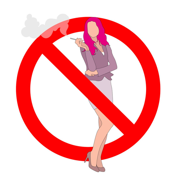 Sigara içilmez, bayan içiciyi yasakla. Yasak sembol, dumanlı kadın yasağı, sigara yasağı, hamile illüstrasyonu yasağı - Vektör, Görsel