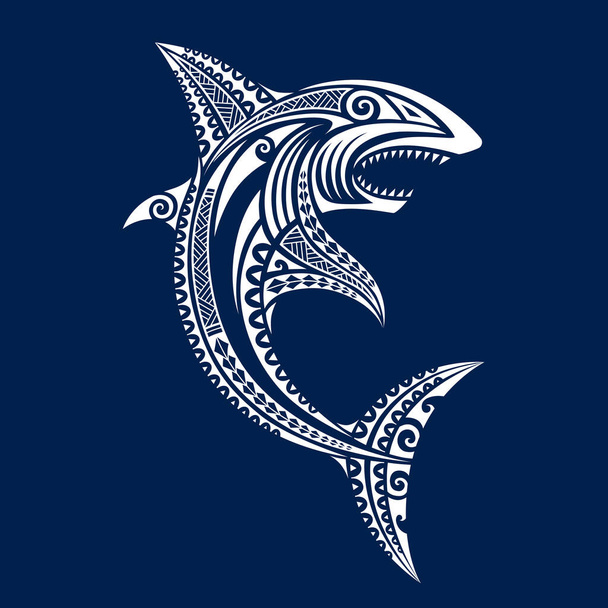 Ilustración de peces tiburón Estilo de tatuaje polinesio maorí. Blanco sobre fondo azul. Bosquejo vectorial ornamental de estilo étnico tribal.  - Vector, Imagen