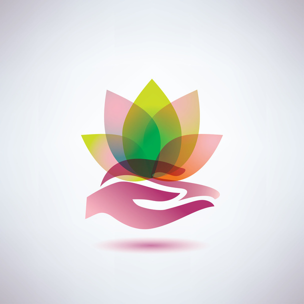 las manos sosteniendo un concepto de icono, yoga y meditación de flor de loto - Vector, Imagen