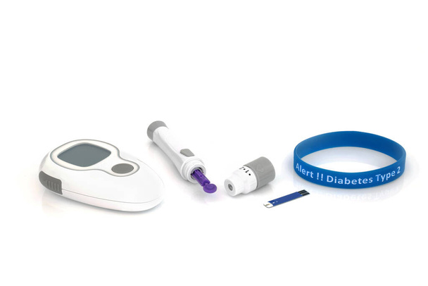 Diabetes testing equipment kit with blood glucose monitor meter, lancing device, tester strip & type 2 diabetes alert rubber wristband in blue. On white background. - Photo, Image