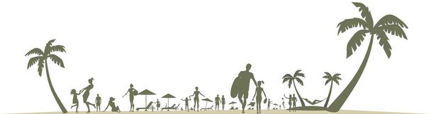 Crowded people silhouettes on the sea shore. People resting and having fun on the beach, Best holidays.  - Wektor, obraz