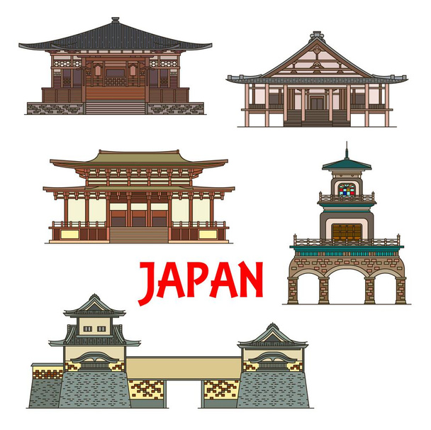 Japani maamerkkejä ja temppeleitä, Japanin tornit, portit ja pagodit, vektori kuvakkeet. Muro-ji temppeli Uda Nara, Shoren-ji Takayama, Oyama pyhäkkö, Narita-san ja Ishikawa-mon Kanazawa-jo linna - Vektori, kuva