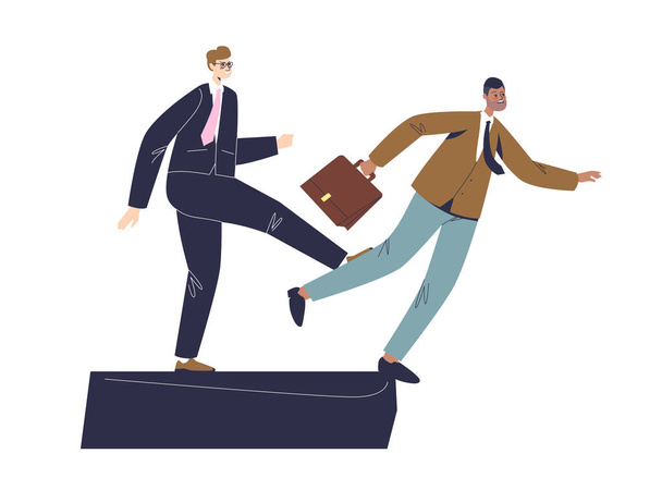 Businessman stumbling on partner foot. Business betrayal and lie concept - Vector, Image