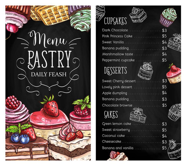Ζαχαροπλαστική και επιδόρπιο chalkboard πρότυπο σελίδας μενού. Τούρτα, cupcake και muffins με επικάλυψη σοκολάτας και φρέσκο βατόμουρο, φράουλα και βατόμουρο κιμωλία διάνυσμα σκίτσο. Cafe και εστιατόριο επιδόρπια μενού - Διάνυσμα, εικόνα