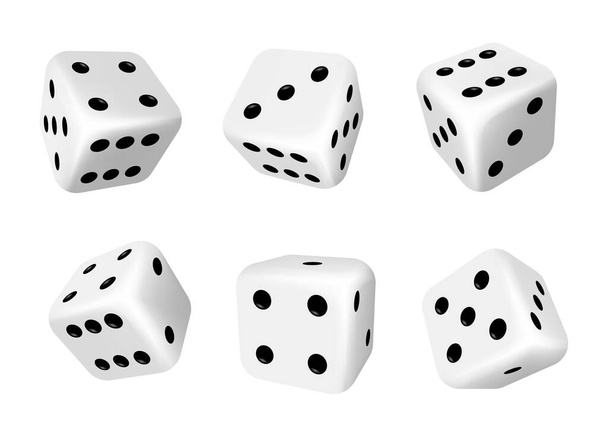 Kostky izolované 3D objekty vektorových hazardních her design, kasino, kostky a poker, stolní nebo deskové hry. Realistické bílé kostky s náhodnými čísly černých teček nebo jader a zaoblených hran - Vektor, obrázek