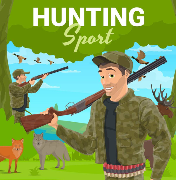 Trophy animal hunting sport. Hunter character in camouflage uniform aiming in flying duck, holding double rifle on shoulder, fox and wolf, elk and drakes vector. Forest animals hunting, hunter hobby - Vector, Image